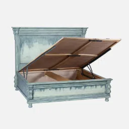 fabuliv Sublime Sheesham Wood Queen Size Bed in Light Green Finish With Hydraulic Storage image 3