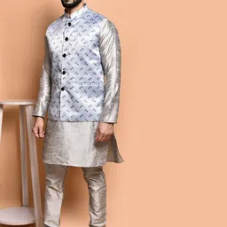 PRINTINDIA Mandarin Collar Pure Silk Straight Kurta With Trousers & Nehru jacket image 5
