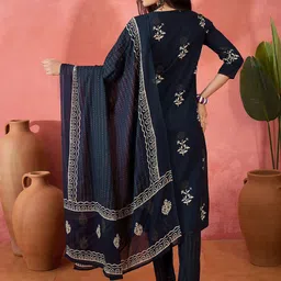Vastramyaa Floral Printed Notch Neck Pure Cotton Straight Kurta With Trousers & Dupatta image 2