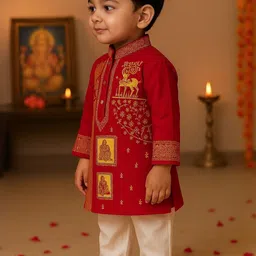 NFC CREATION Boys Ethnic Motifs Embroidered Regular Thread Work Pure Cotton Kurta with Pyjamas image 5