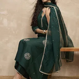 all about you Women Ethnic Motifs Embroideried Chinon A-Line Kurta with Trouser & Dupatta image 3