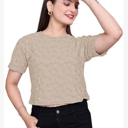 Dorell Women Textured Self Design Round Neck Crop Top image 5