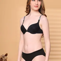 PrettyCat Pushup Padded Bra Panty With Shine Strap Lingerie Set PC-SET-7058-FO-BLK-30B image 3