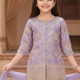 Lagorii Girls Ethnic Motifs Embroidered High Slit Kurta with Sharara & With Dupatta image 4