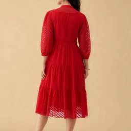 AASK Women Red Self Design Crepe Fit and Flare Calf Length Dress image 4