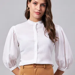 Style Quotient White Checked Band Collar Puff Sleeves Shirt Style Top image 1