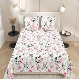 INDRA'S White & Pink Floral 144 TC King Bedsheet with 2 Pillow Covers-picture-14