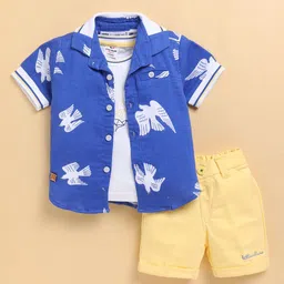 LITTLE COLLARS Boys Embroidered Organic Muslin Cotton T-Shirt With Shirt & Shorts-image-81
