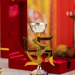 TYOOHAR White & Yellow Glossy Pure Brass Swastik Shape Oil Lamp Diya-picture-3