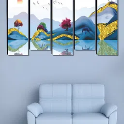 SAF White & Blue 5 Pieces Nature Wooden Wall Art-image-97