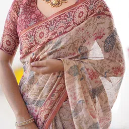 MAHARANI COUTURE Ethnic Motifs Printed Woven Design Border Pure Linen Banarasi Saree image 3