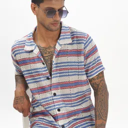 FABRIPPLE Men Modern Relaxed Fit Cuban Collar Horizontal Striped Casual Shirt-picture-14