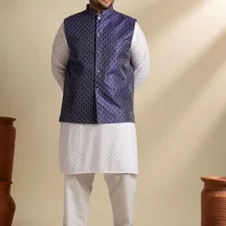 SOJANYA PLUS Floral Embroidered Thread Work Pure Cotton Kurta & Pyjama With Nehru jacket-picture-4
