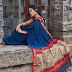 Tekson Solid Zari Border Saree With Blouse Piece image 2