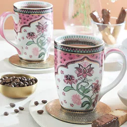 Cello Tierra White & Green 2 Pieces Floral Printed Porcelain Glossy Mugs 300 ml each-picture-10