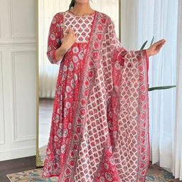 Navlik Floral Printed Boat Neck A-line Kurta With Trousers & Dupatta image 4