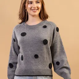 GFO Women Polka Dot Knit Round Neck Woollen Pullover-image-99