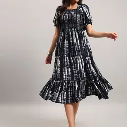 Raiyani Fashion Tie and Dye Dyed Puff Sleeve Crepe Fit & Flare Midi Dress-picture-14