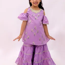 LIL DRAMA Girls Floral Printed Gotta Patti Chanderi Cotton A-Line Kurta & Sharara-picture-17