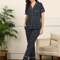 ETC Women Printed Lapel Collar Pure Cotton Night Suits-picture-17