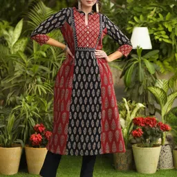 SUJATRA Ethnic Motifs Ajrakh Printed Panelled Beads And Stones Pure Cotton A-Line Kurta image 4