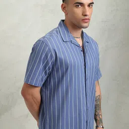 HIGHLANDER Men Cuban Collar Vertical Striped Cotton Relaxed Fit Casual Shirt image 4