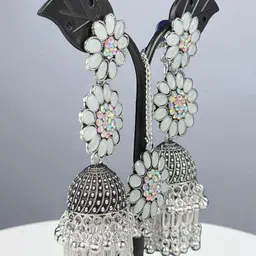 shreeji jewels Ghungroo Beaded & Stones Studded Oxidised Dome Shaped Jhumkas & Maang Tika-picture-15