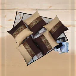 DECOWAT Brown & Beige Printed Silk 5 Pieces Square Shape Cushion Covers - 16 x 16 In image 2