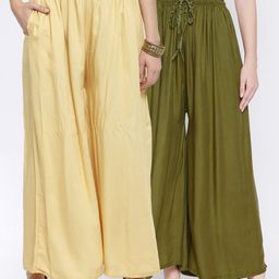 Clora Creation Women Pack Of 2 Yellow & Olive Green Flared Knitted Palazzos-picture-42