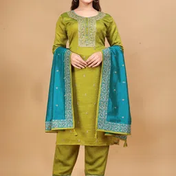 Lyzoo Ethnic Motifs Embroidered Thread Work Pure Silk Kurta with Salwar & With Dupatta-picture-14