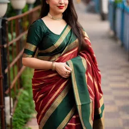 PRISHA FASHION Woven Design Zari Pure Cotton Banarasi Saree With Blouse Piece image 3