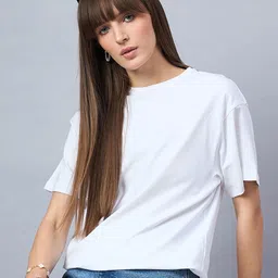 98 Degree North Women Solid Round Neck Cotton Relaxed Fit T-shirt-image-18