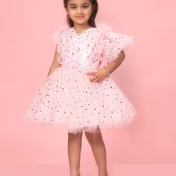 BAESD Girls Conversational Printed Flutter Sleeve Fringed Fit & Flare Above Knee Dress image 2