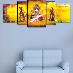 SAF Yellow & White 5 Piece Lord Ganesh Religious Canvas Wall Arts-picture-16