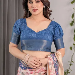 ALMAARI FASHION Floral Printed Pure Cotton Kanjeevaram Saree And Unstitched Blouse image 2