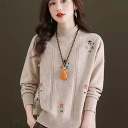 StyleCast Women Embroidered Mock Collar Cable Knit Pullover Sweaters-picture-6