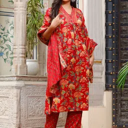 shivanya  handicrafts Shivanya Handicrafts Floral Printed Pure Cotton A-Line Kurta With Trousers & Dupatta image 2