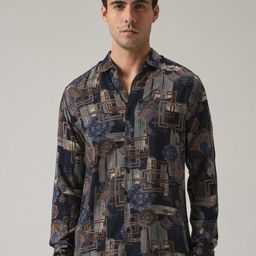 Banana Club Men Blue Flora Grid Print Feather Shirt-picture-40