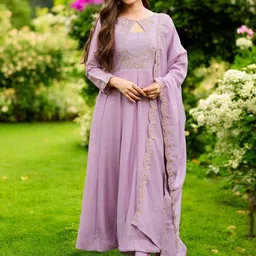 FIDHARA Ethnic Motifs Embroidered Pure Silk Anarkali Kurta With Trousers & Dupatta image 3