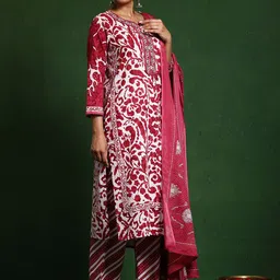 Varanga Women Printed Regular Thread Work Pure Cotton Kurta with Trousers & With Dupatta image 4