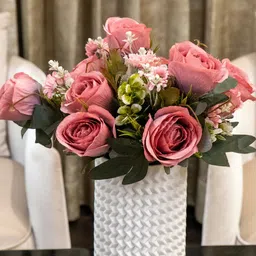 AARVI DECOR STUDIO Pink & Green Rose Silk Bunch Artificial Flower image 4