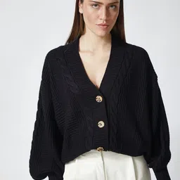 Happiness istanbul Women Self Design Cable Knit V-Neck Long Sleeves Cardigan-picture-25