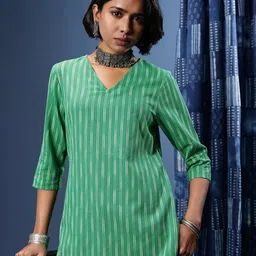 Taavi Ikat Woven Design V-Neck Kurti-image-0