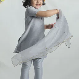 TJORI Girls Printed Chanderi Silk Straight Kurta with Trousers & Dupatta image 1