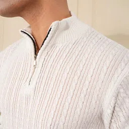 KVETOO Cable Knit Self Design Mock Collar Pullover image 5