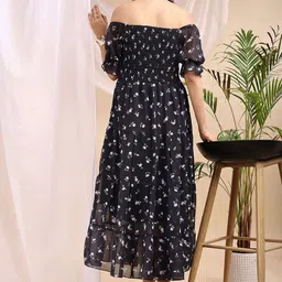 Attire Empire Floral Printed Puff Sleeve Smocked Tiered Fit & Flare Maxi Dress image 5