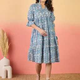 Sangria Floral Printed Pure Cotton Tiered A-Line Dress-image-44