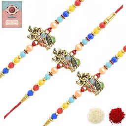 MEIRA JEWELLERY Set Of 3 Beaded Radha Krishna Rakhi Comes with Roli Chawal & Greeting Card-picture-34