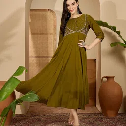 Sangria Women Green Tread Embroidered Ethnic Dress-image-0