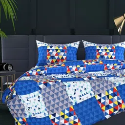 Aura Blue & White Geometric 350 TC King Bedsheet with 2 Pillow Covers-picture-23